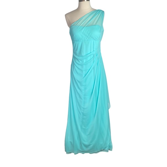 David’s Bridal Spa Blue Aqua Color One Shoulder Mesh Bridesmaid Dress Size 8 - Picture 1 of 12